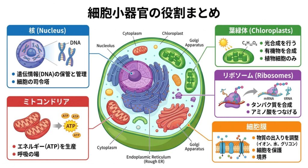ミトコンドリア、リボソーム、葉緑体、核、細胞膜など細胞小器官の役割をまとめた図