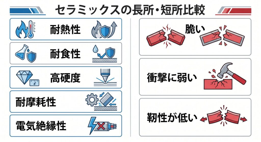 セラミックスの耐熱性・高硬度と脆さを比較した図