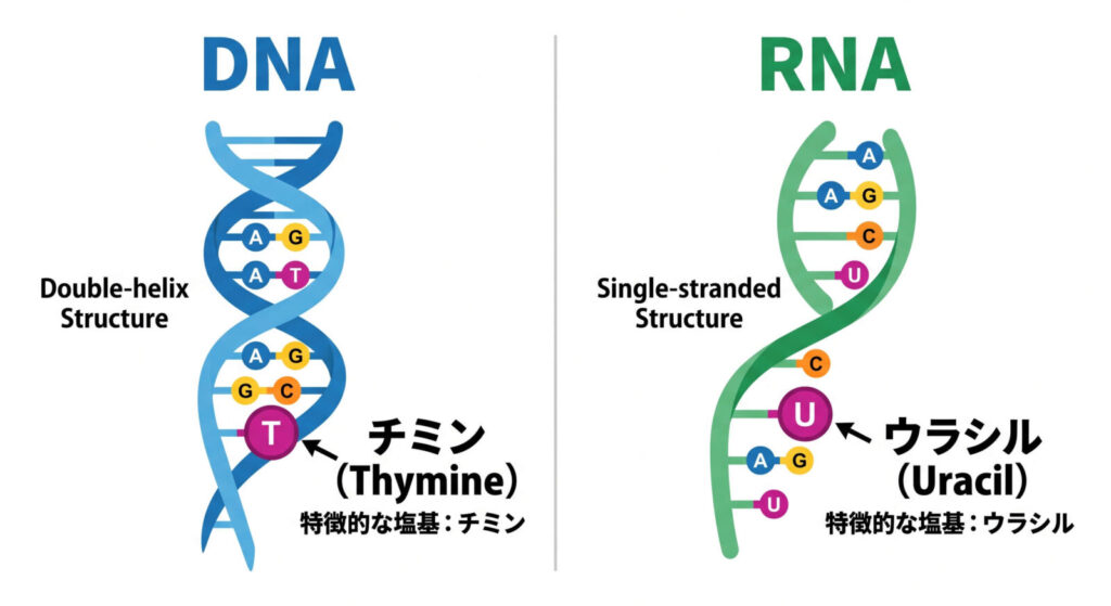 DNAとRNAの構造と塩基の違いを比較した図