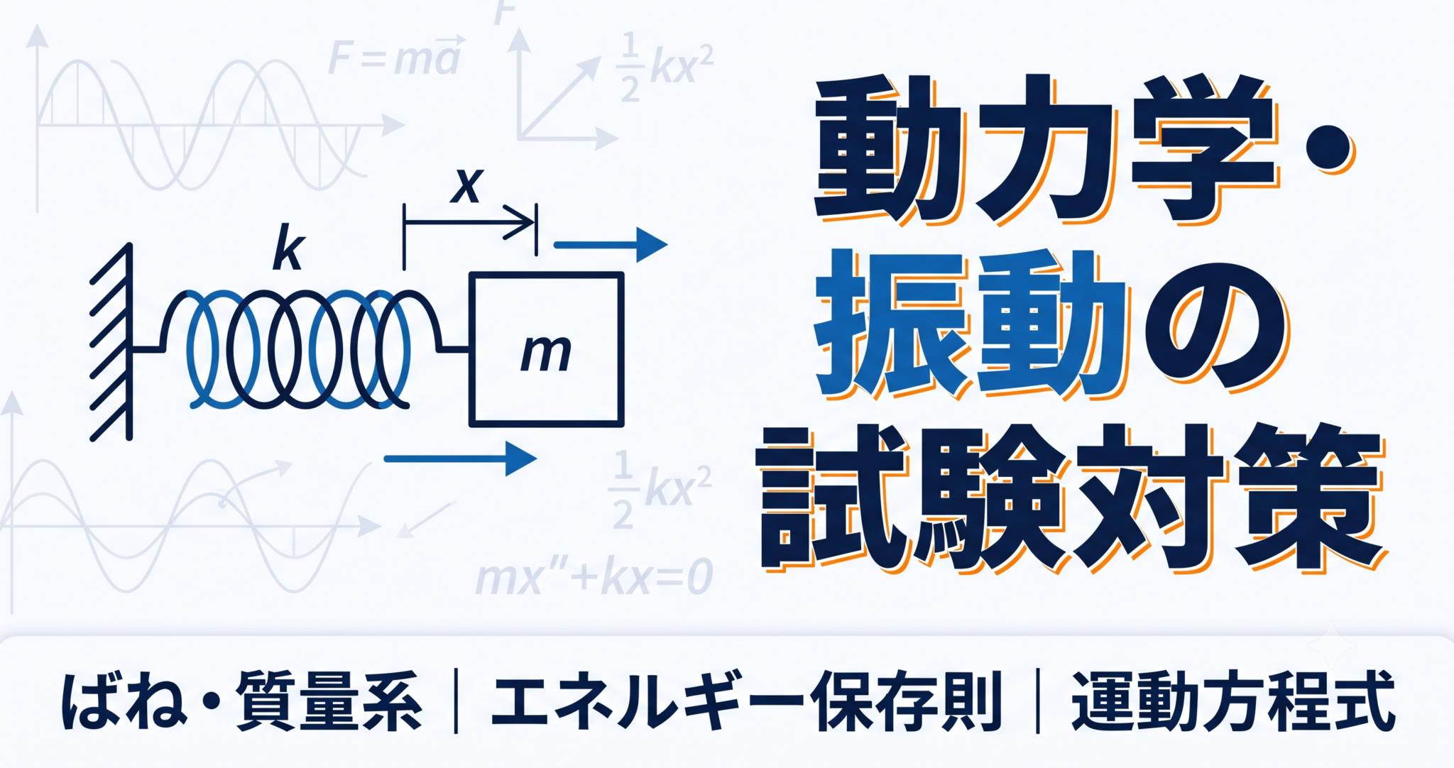 動力学・振動の試験対策としてばね・質量系、エネルギー保存則、運動方程式を解説する記事のアイキャッチ画像