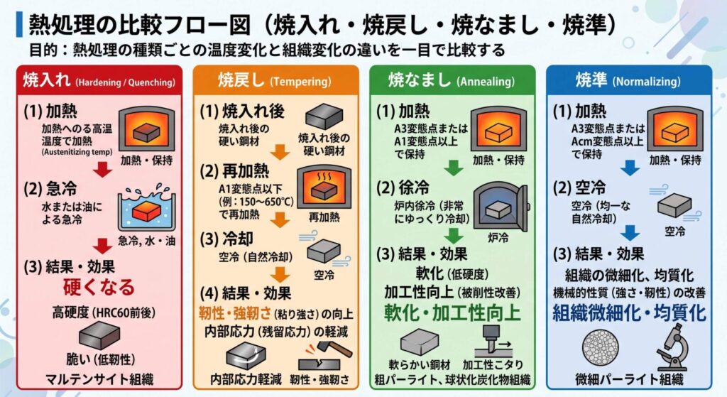焼入れ・焼戻し・焼なまし・焼準の違いを比較した熱処理フロー図