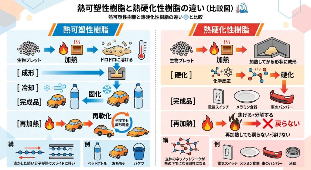 熱可塑性樹脂と熱硬化性樹脂の違いを示す比較図