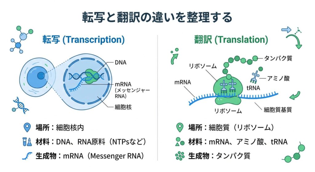 転写はDNAからmRNAを作り、翻訳はmRNAからタンパク質を作る過程を示した図